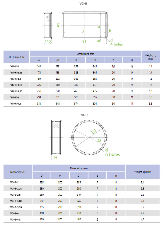 Dimensions Flexible Connectors VG-H, VG-B