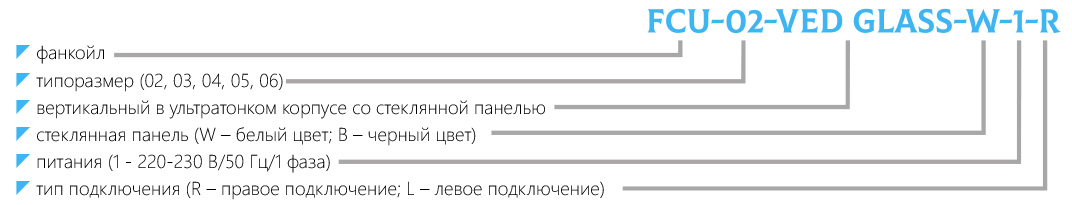 Маркировка фанкойл вертикальный в ультратонком корпусе со стеклянной панелью FCU-VED GLASS